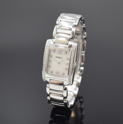 Image 26648373 - EBEL ladies wristwatch Brasilia in steel with diamonds reference 9976M2S, quartz, case back screwed-down 4-times, original bracelet with butterfly buckle, mother of pearl dial with 10 diamond indices, silvered hands, measures approx. 30 x 24 mm, length approx. 18 cm, condition 2
