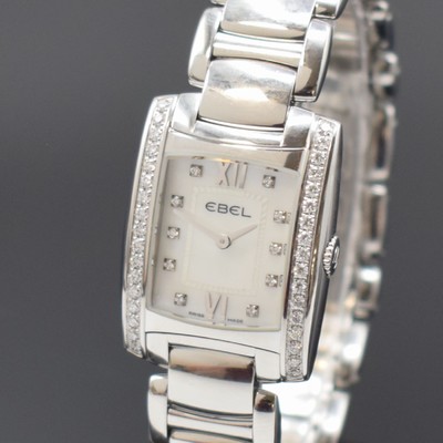 26648373a - EBEL ladies wristwatch Brasilia in steel with diamonds reference 9976M2S, quartz, case back screwed-down 4-times, original bracelet with butterfly buckle, mother of pearl dial with 10 diamond indices, silvered hands, measures approx. 30 x 24 mm, length approx. 18 cm, condition 2