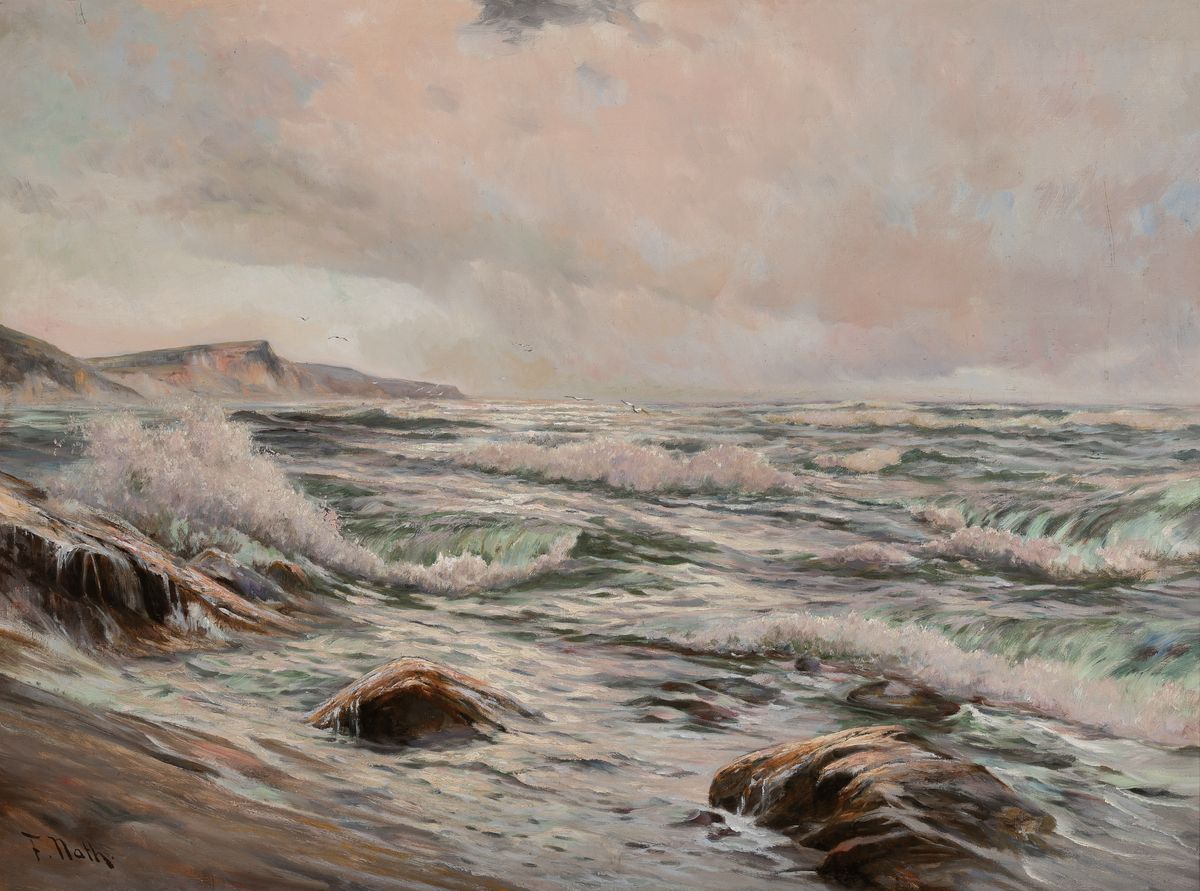 Friedrich Nath, 1859 Stallupänen-1929 Berlin, Brandung an einer felsiger Küste im Morgenrot, Öl/Lwd, links unten sign., l.besch., ca. 70x95cm, R. ...
