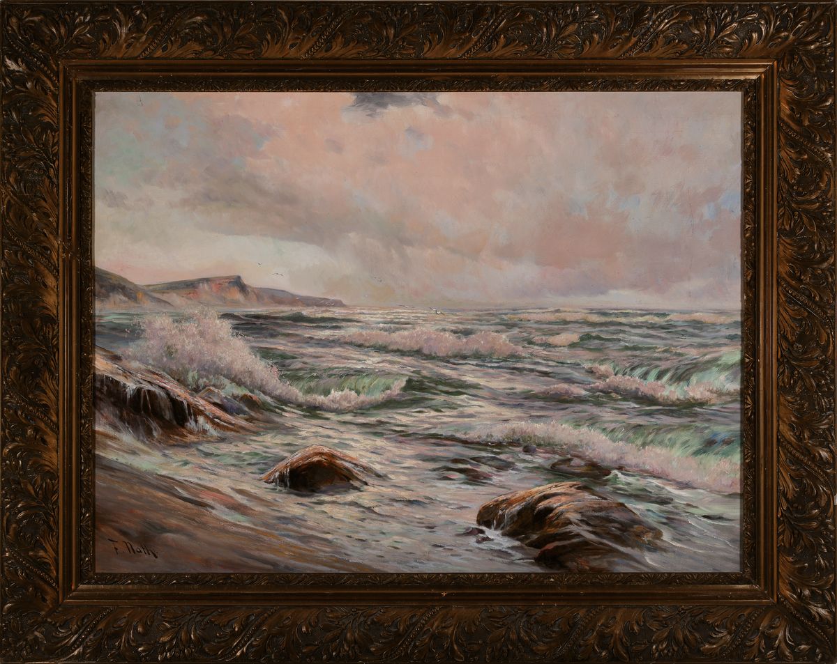Detail k: Friedrich Nath, 1859 Stallupänen-1929 Berlin, Brandung an einer felsiger Küste im Morgenrot, Öl/Lwd, links unten sign., l.besch., ca. 70x95cm, R. ...