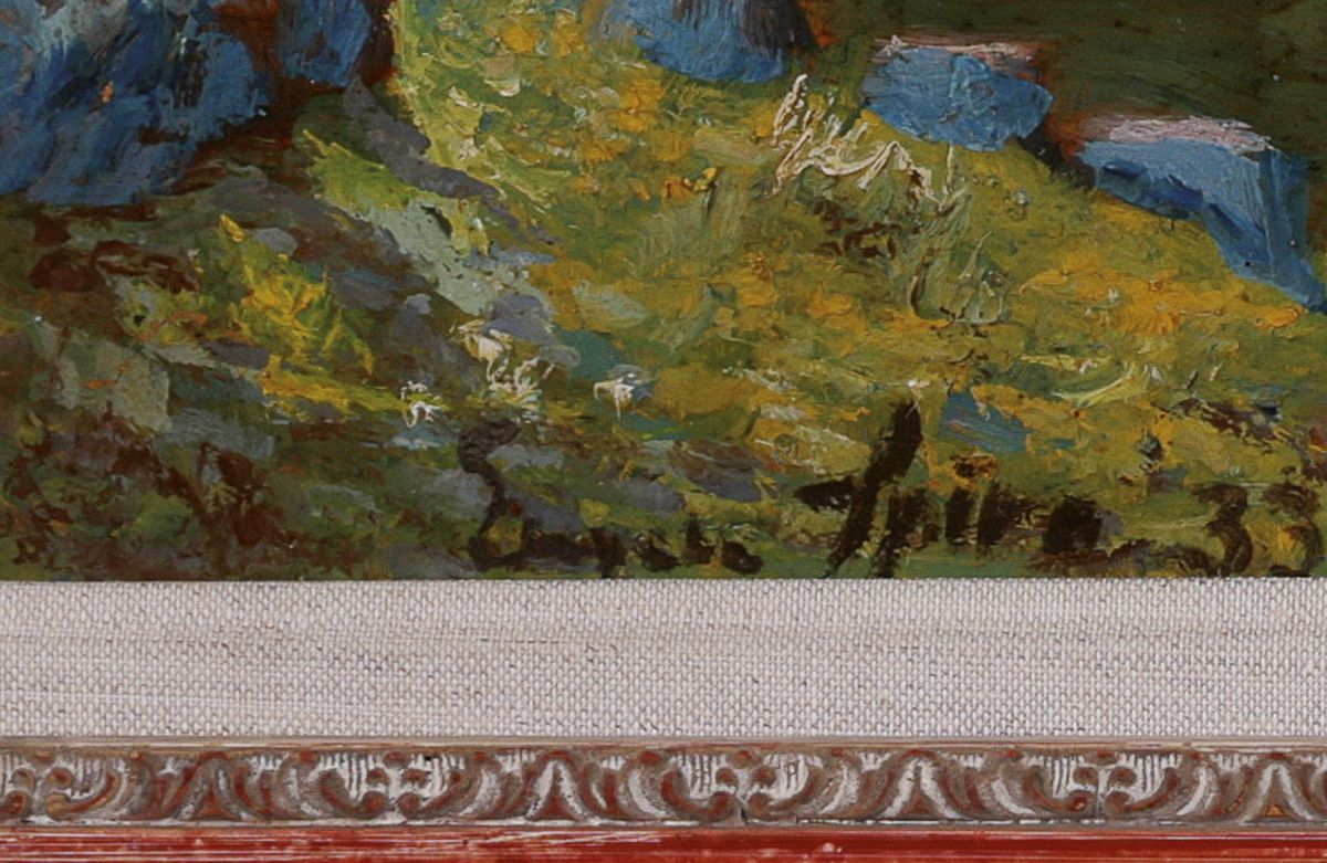 Detail a: Eugen Spiro, 1874 Breslau-1972 New York, Ansicht vom Königsee, Öl/Hartfaser, rechts unten signiert und dat. 33, ca. 50x80cm, R. ca. 68x98cm.
