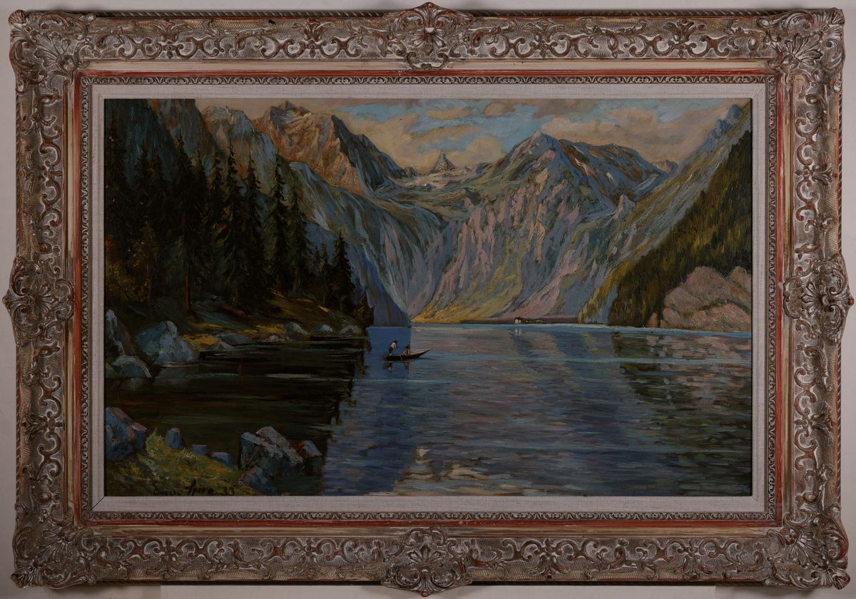 Detail k: Eugen Spiro, 1874 Breslau-1972 New York, Ansicht vom Königsee, Öl/Hartfaser, rechts unten signiert und dat. 33, ca. 50x80cm, R. ca. 68x98cm.