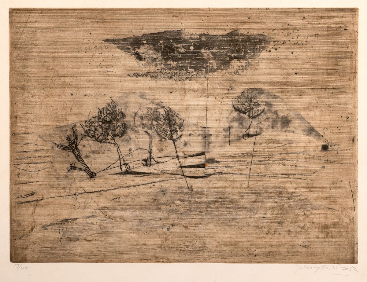 Johnny Friedländer, 1912-1992, 2 Radierungen: 1x Bäume in Landschaft, signiert und num. 53/200, ca. 33.5x46cm, u.Gl., R. ca. 46x57cm; 1x ohne ...