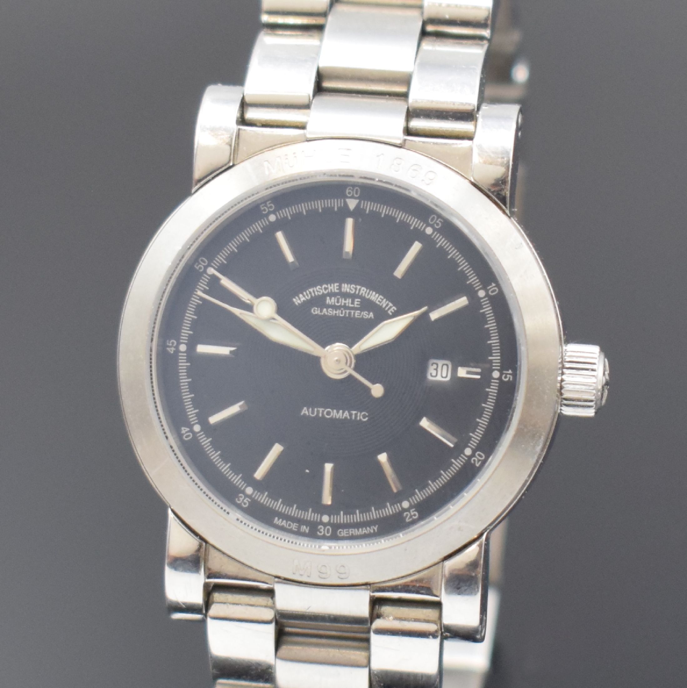 Detail a: NAUTISCHE INSTRUMENTE MÜHLE GLASHÜTTE M99 Damenarmbanduhr in Stahl, Deutschland um 2000, Automatik, beids. vergl. Geh. inkl. orig. Stahlband m. ...