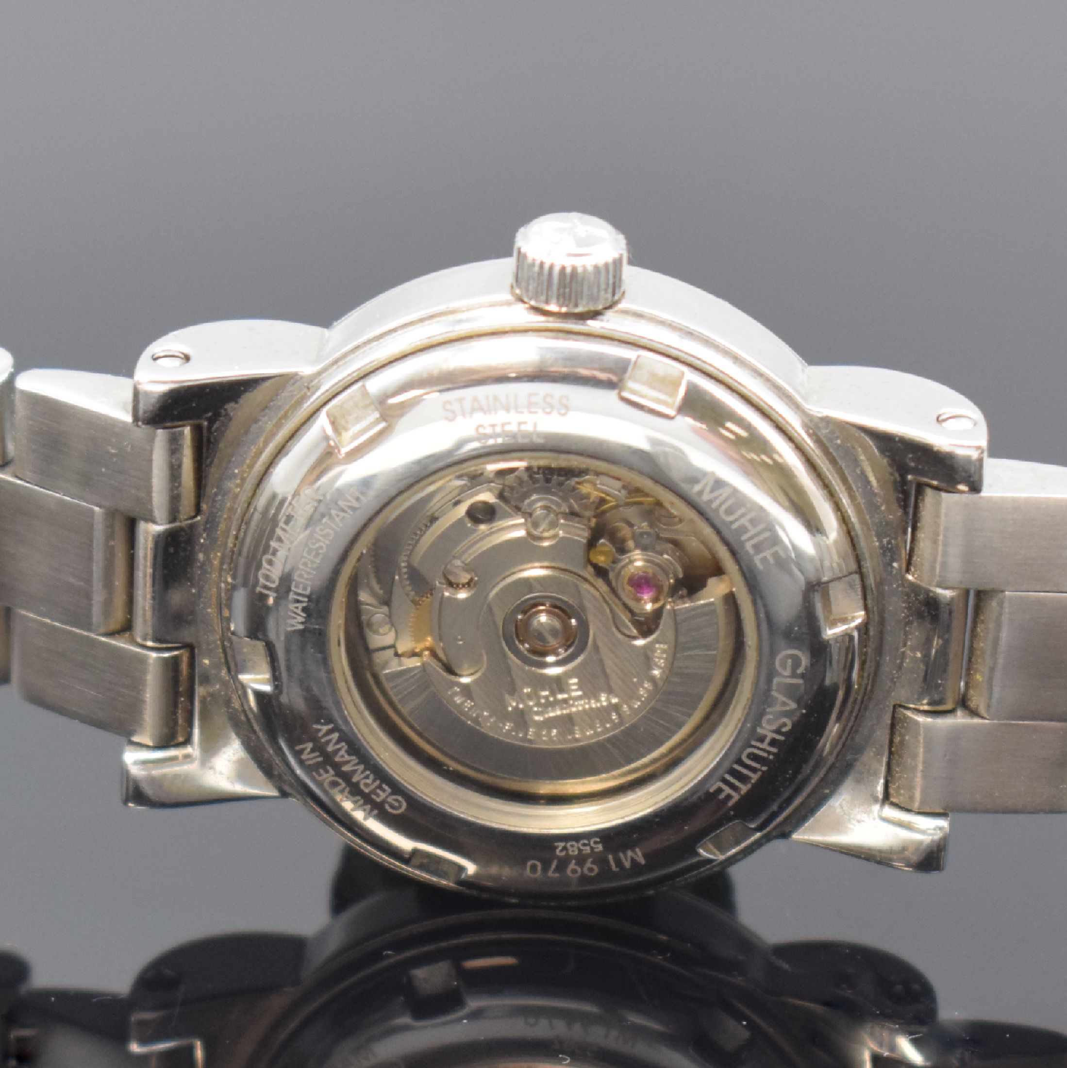 Detail d: NAUTISCHE INSTRUMENTE MÜHLE GLASHÜTTE M99 Damenarmbanduhr in Stahl, Deutschland um 2000, Automatik, beids. vergl. Geh. inkl. orig. Stahlband m. ...