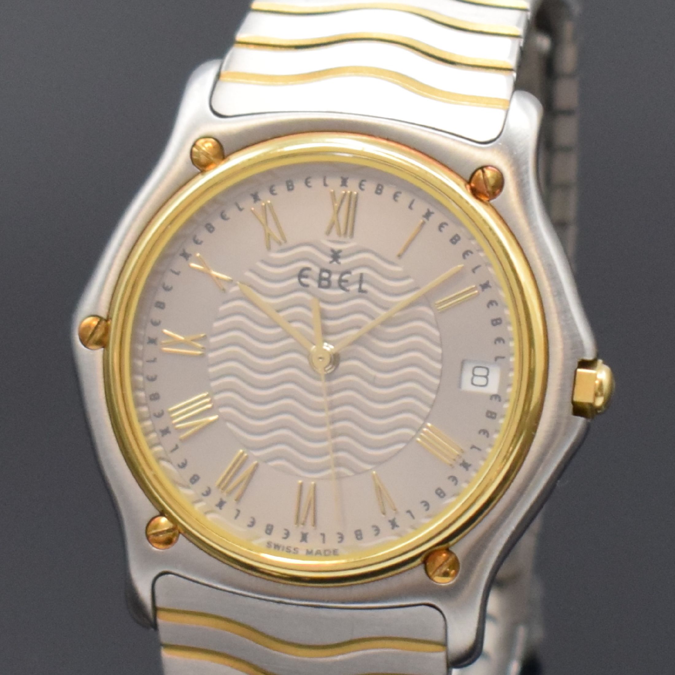 Detail a: EBEL Sportwave Herrenarmbanduhr in Stahl/Gold, Schweiz um 2000, quartz, Monocoque-Geh. 5- fach verschr. über Goldlünette, orig. Wellenband m. ...