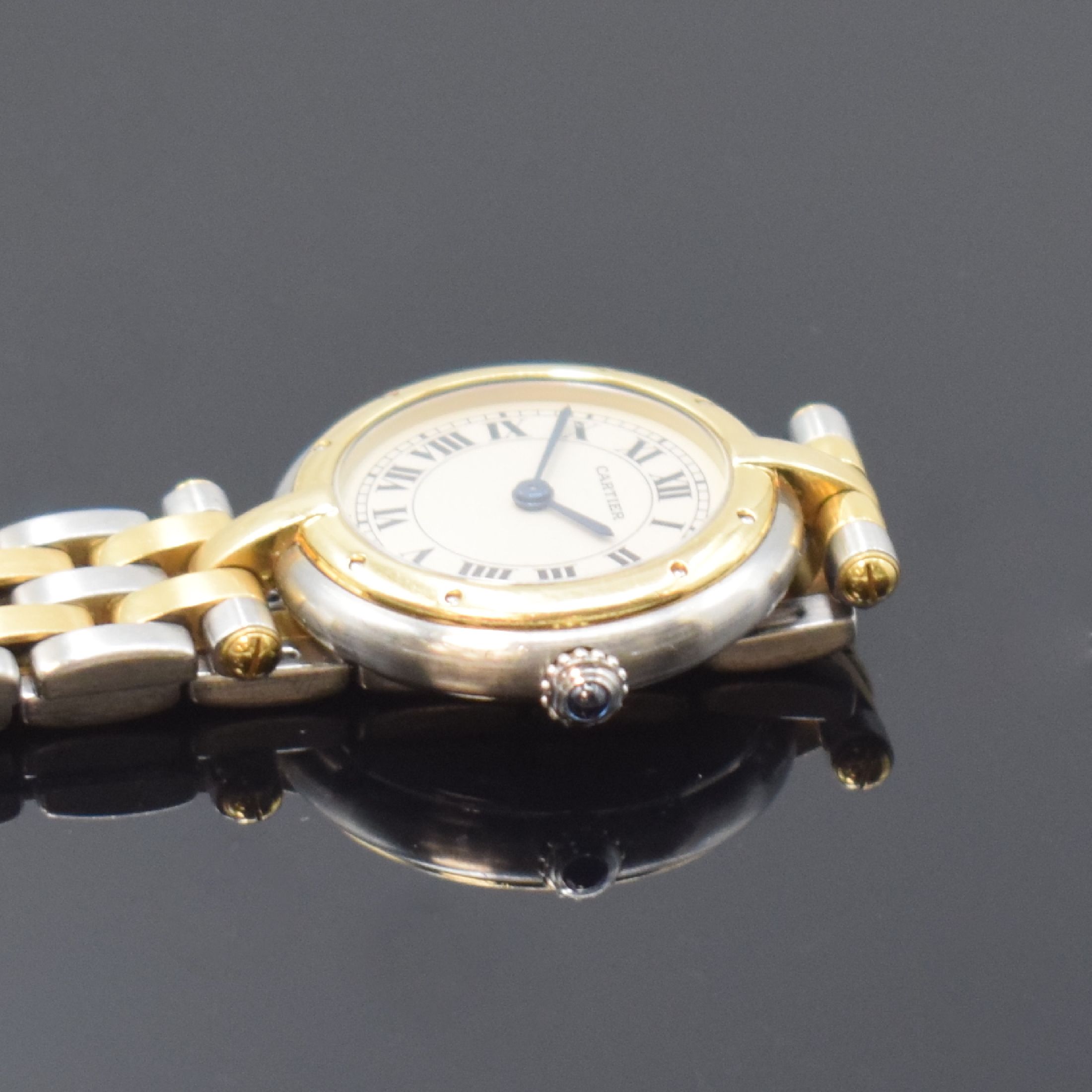 Detail c: CARTIER Panthère Ronde Damenarmbanduhr in Stahl/Gold Referenz 1057920, Schweiz um 1990, quartz, 8-fach verschr. Geh., Gliederband m. dopp. ...