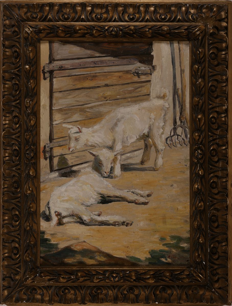 Detail k: Heinz Friedrich, 1924-2018 Schwetzingen, zwei Ziegen vor dem Stall, Öl/Holz, rückseitig bez. Mittagssiesta, rechts unten signiert, ca. 45x30cm, ...