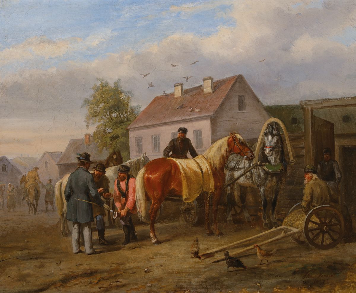 Zuschreibung: Léon Job Vernet, 1830- ca. 1875, Der Hufschmied mit Pferden und Bauern vor dem Stall, Öl/Lwd, rechts unten signiert L...Vernet und ...