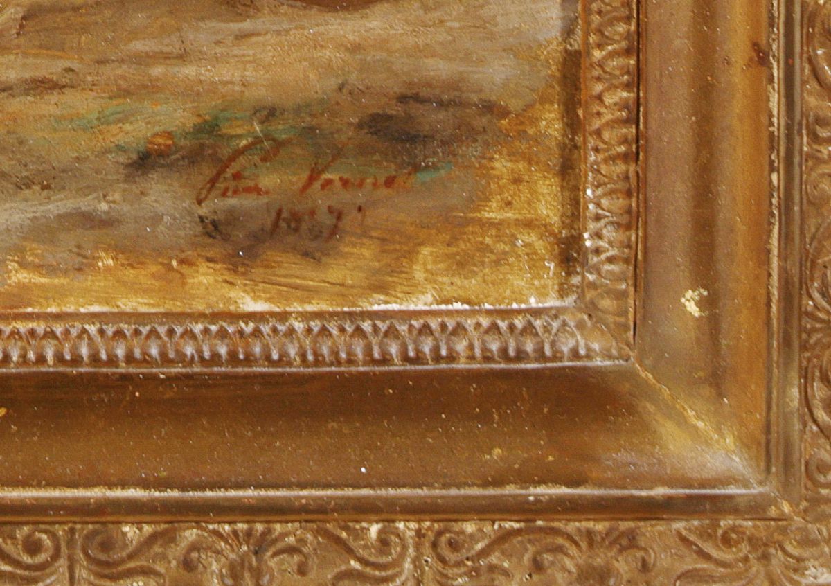 Detail a: Zuschreibung: Léon Job Vernet, 1830- ca. 1875, Der Hufschmied mit Pferden und Bauern vor dem Stall, Öl/Lwd, rechts unten signiert L...Vernet und ...