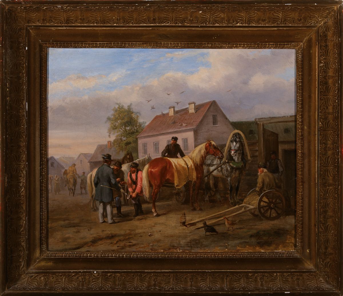 Detail k: Zuschreibung: Léon Job Vernet, 1830- ca. 1875, Der Hufschmied mit Pferden und Bauern vor dem Stall, Öl/Lwd, rechts unten signiert L...Vernet und ...
