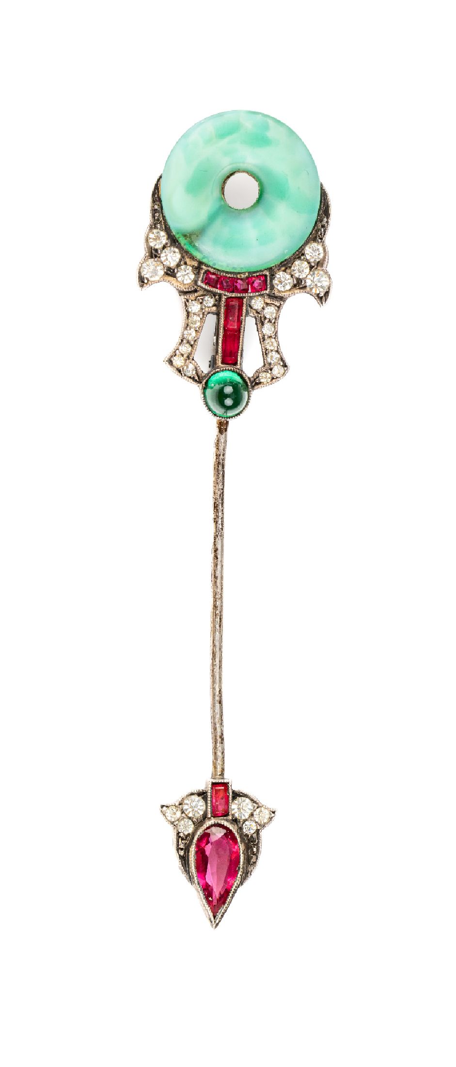 Art-Deco-Anstecknadel, Frankreich approx. 1925/30, 800er Silber, Eberkopfpunze, Meistermarke in Raute nicht identifiziert, farbloser, roter und ...