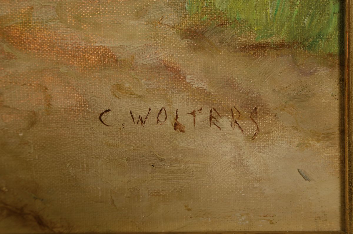 Detail a: Clemens Wolters, 1875-1955 Recklinghausen, Sommerliche Landschaft mit Wiese, Bachlauf und Bäumen, Öl/Lwd, rechts unten signiert, ca. 60x80cm, ...