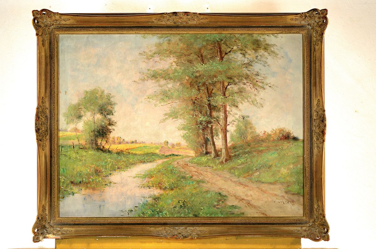 Detail k: Clemens Wolters, 1875-1955 Recklinghausen, Sommerliche Landschaft mit Wiese, Bachlauf und Bäumen, Öl/Lwd, rechts unten signiert, ca. 60x80cm, ...