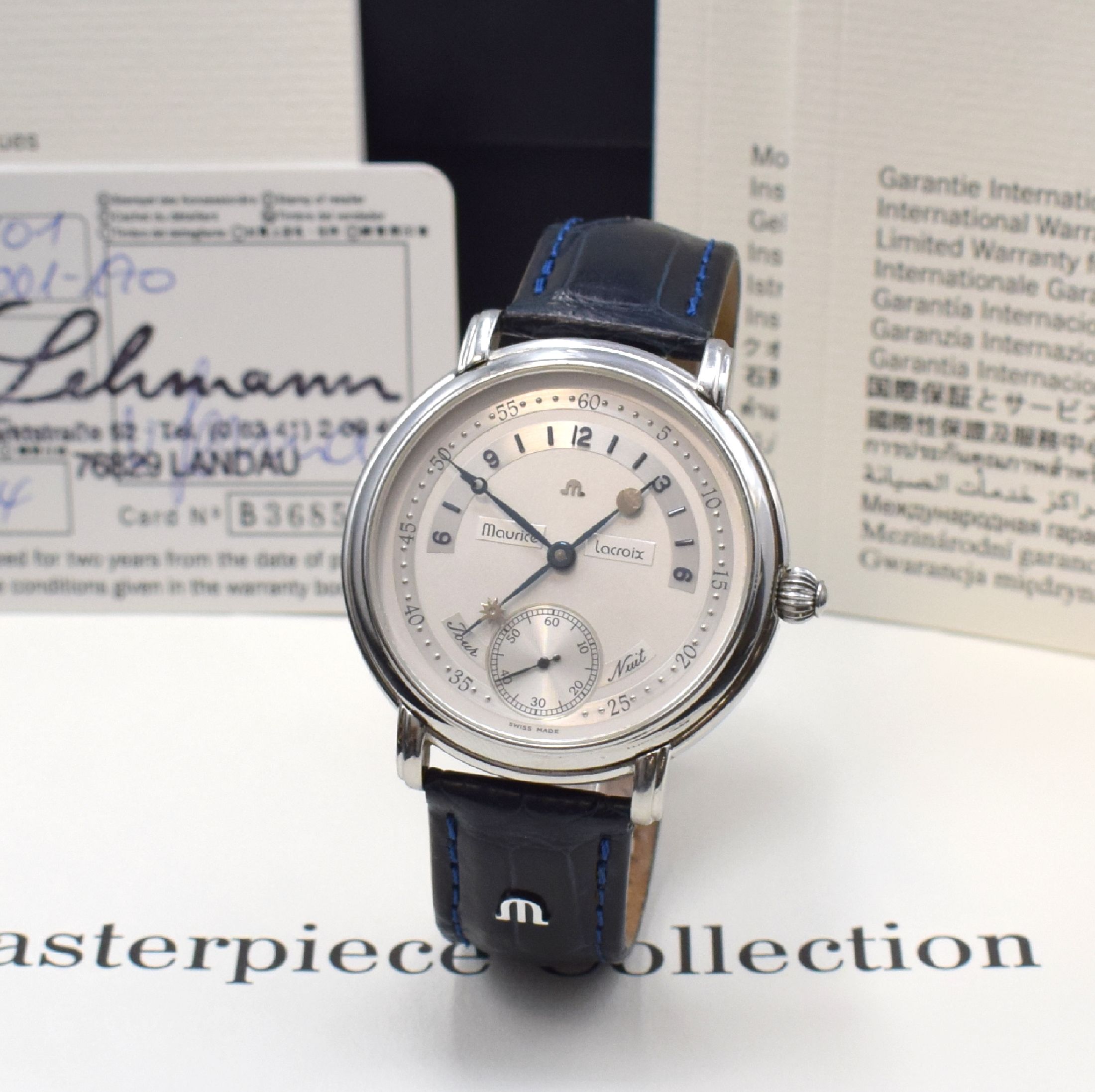 MAURICE LACROIX Herrenarmbanduhr Jour Et Nuit Referenz 07769, Schweiz verk. lt. beil. Pap. 08/2008, Handaufzug, beids. vergl. Edelstahlgeh., Boden ...