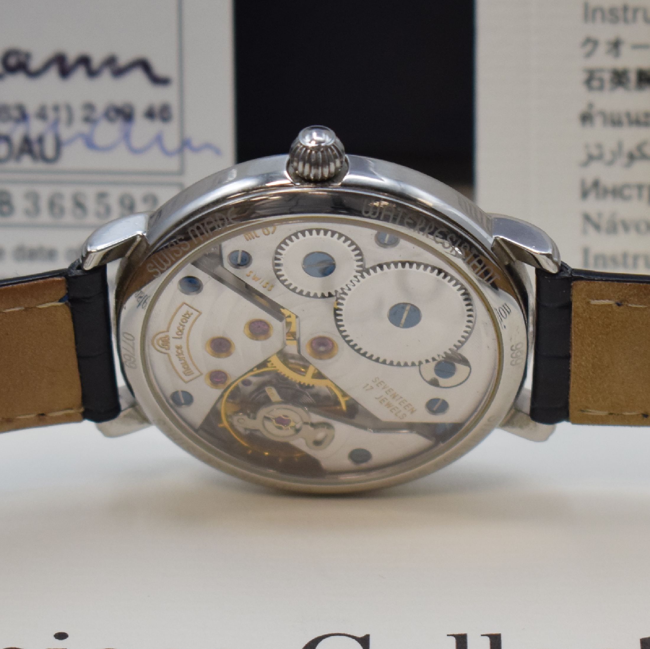 Detail c: MAURICE LACROIX Herrenarmbanduhr Jour Et Nuit Referenz 07769, Schweiz verk. lt. beil. Pap. 08/2008, Handaufzug, beids. vergl. Edelstahlgeh., Boden ...
