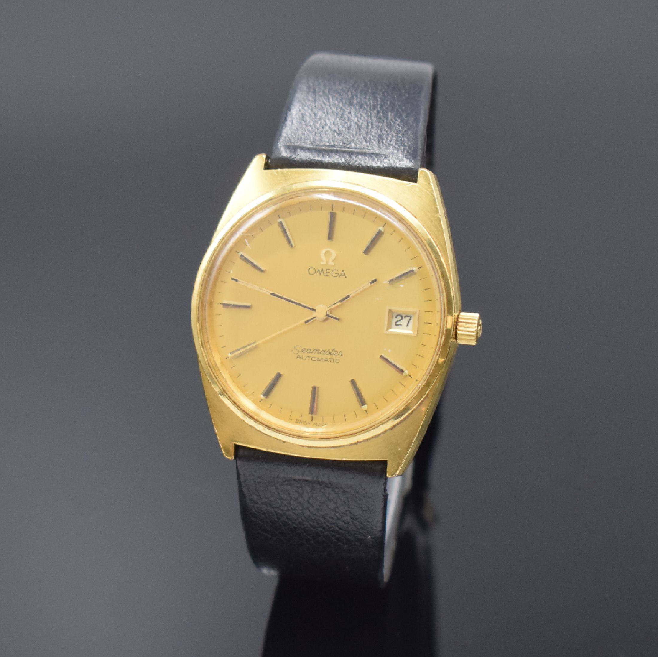 OMEGA Seamaster vergoldete Herrenarmbanduhr Referenz 166.0204, Schweiz um 1970, Automatik, Boden aufgedr., champagnerfarb. Zifferbl. m. aufgel. ...