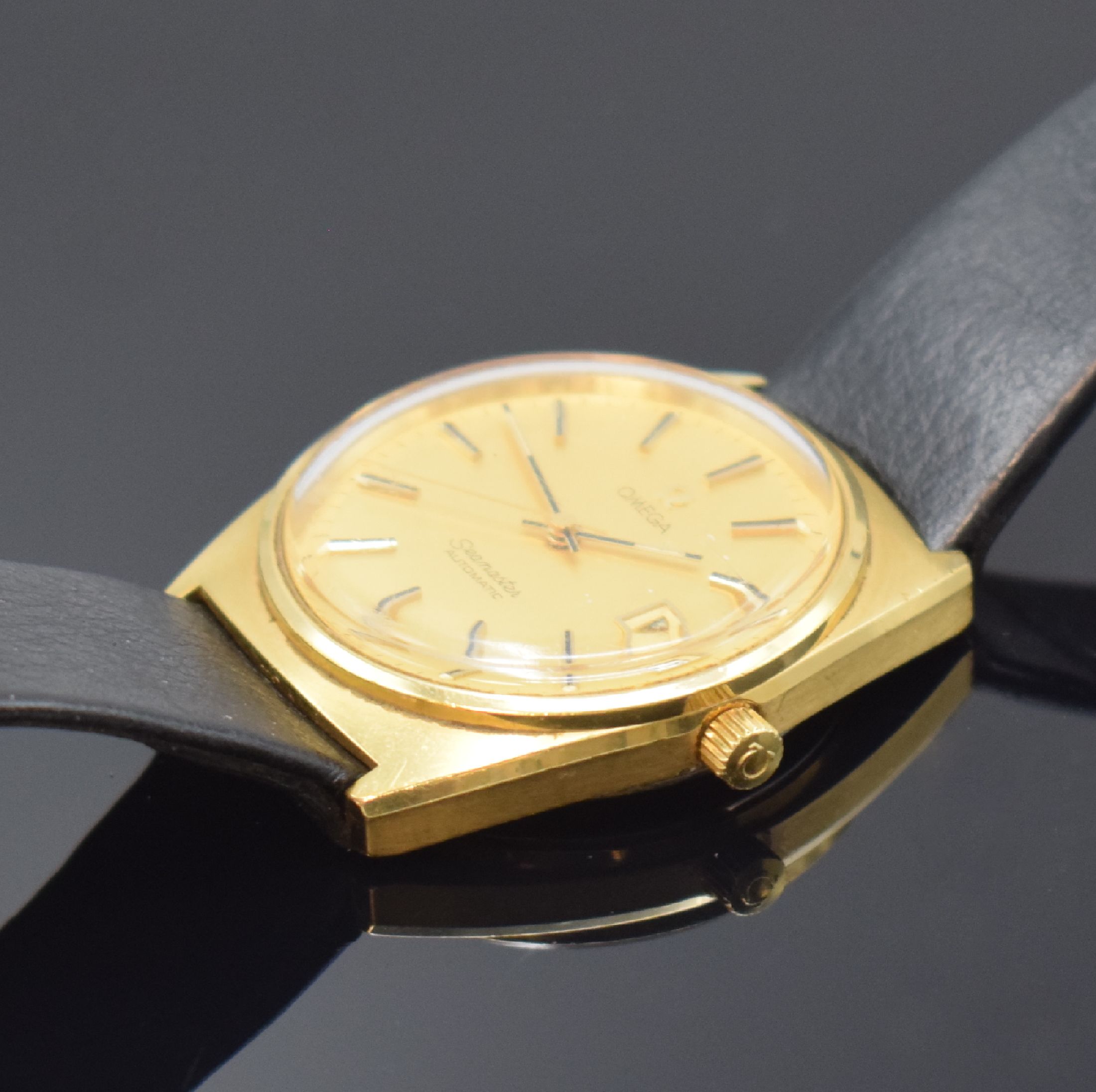 Detail c: OMEGA Seamaster vergoldete Herrenarmbanduhr Referenz 166.0204, Schweiz um 1970, Automatik, Boden aufgedr., champagnerfarb. Zifferbl. m. aufgel. ...