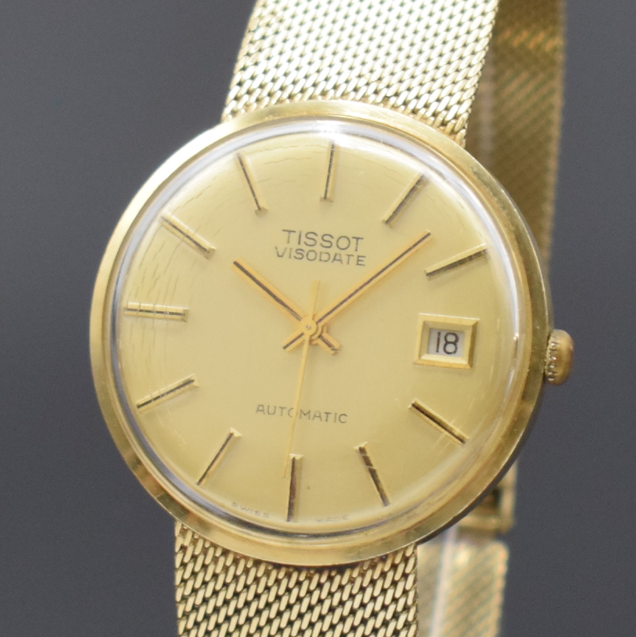 Detail a: TISSOT Visodate Armbanduhr in GG 585/000 Referenz 6359, Schweiz um 1970, Automatik, Boden aufgedr., Milanaiseband, gold. Zifferbl. mit aufges. ...
