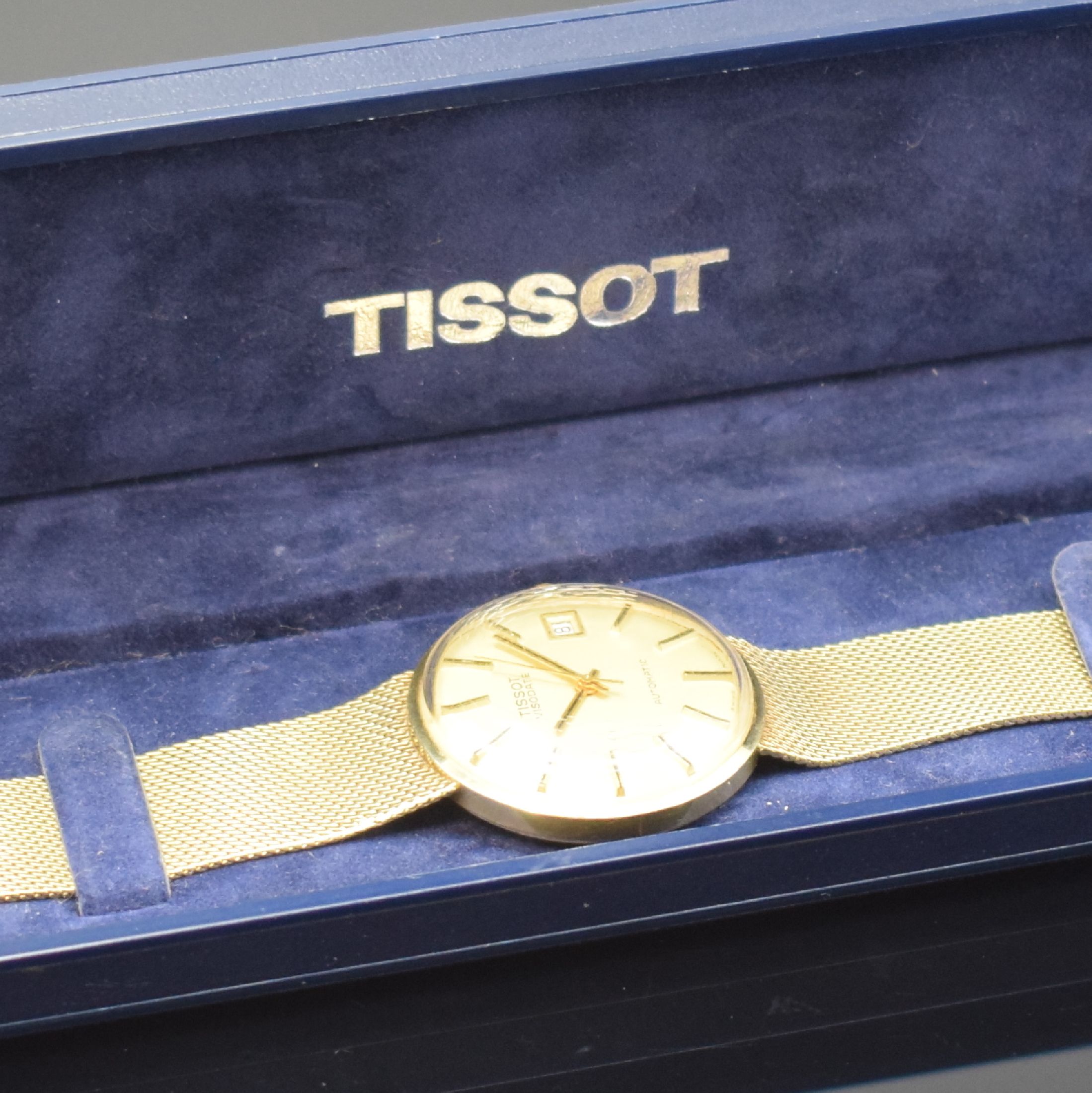 Detail f: TISSOT Visodate Armbanduhr in GG 585/000 Referenz 6359, Schweiz um 1970, Automatik, Boden aufgedr., Milanaiseband, gold. Zifferbl. mit aufges. ...