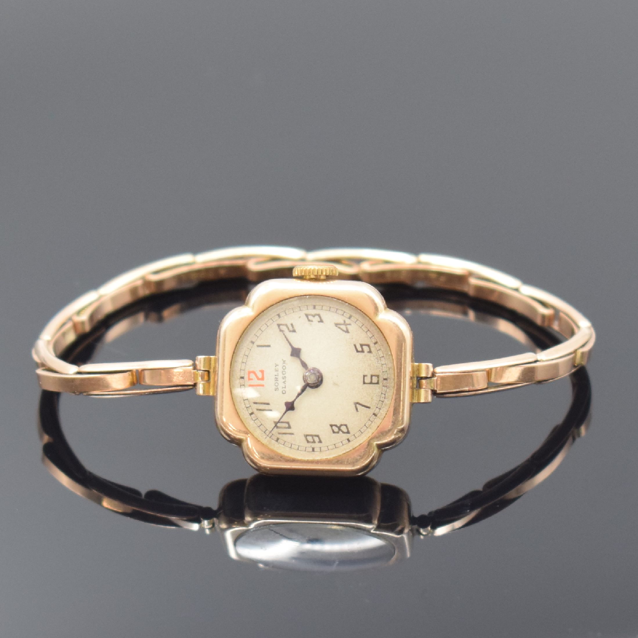 SORLEY GLASGOW kleine Armbanduhr in RG 375/000, Schweiz / England um 1940, 3-teil. Geh. an Flexband, Boden m. Widmungsgravur und Glasrand aufgedr., ...