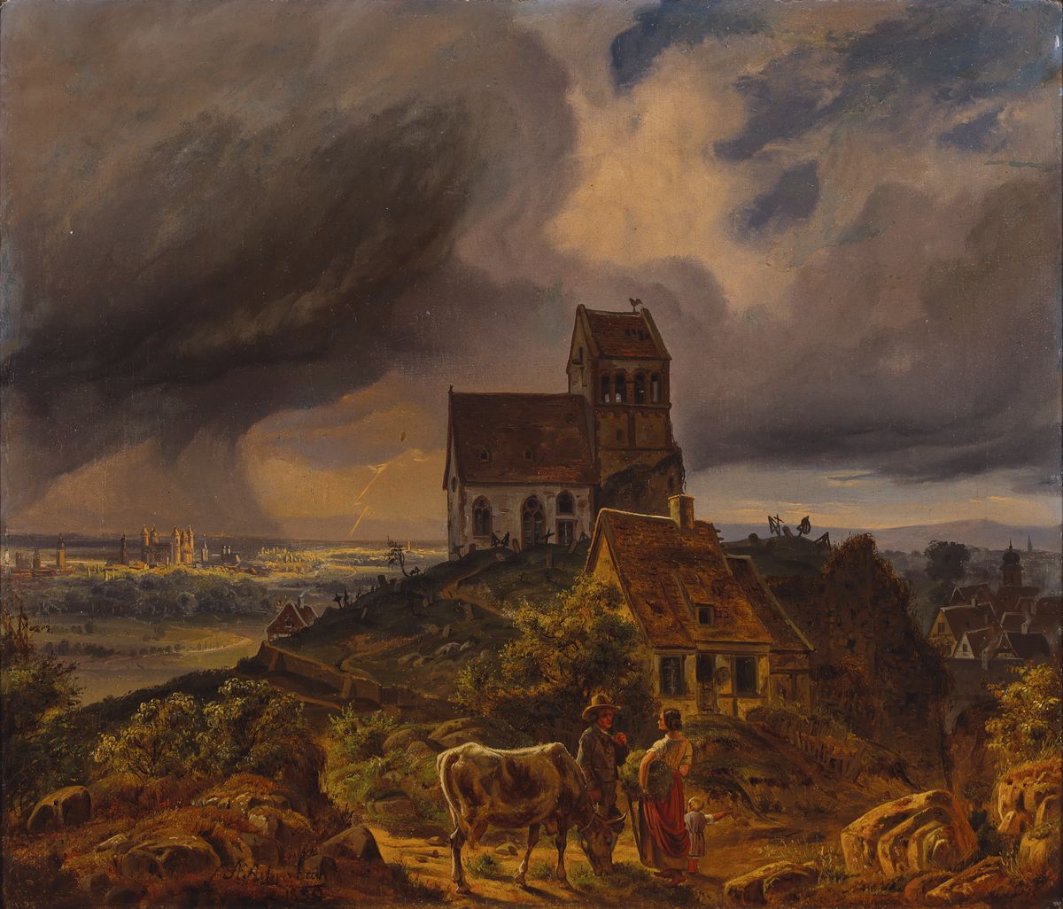 Andreas Achenbach, 1815 Kassel-1910 Düsseldorf, Blick auf Worms mit der "Bergkirche" St. Petri in Hochheim im Vordergrund, über die Stadt ...