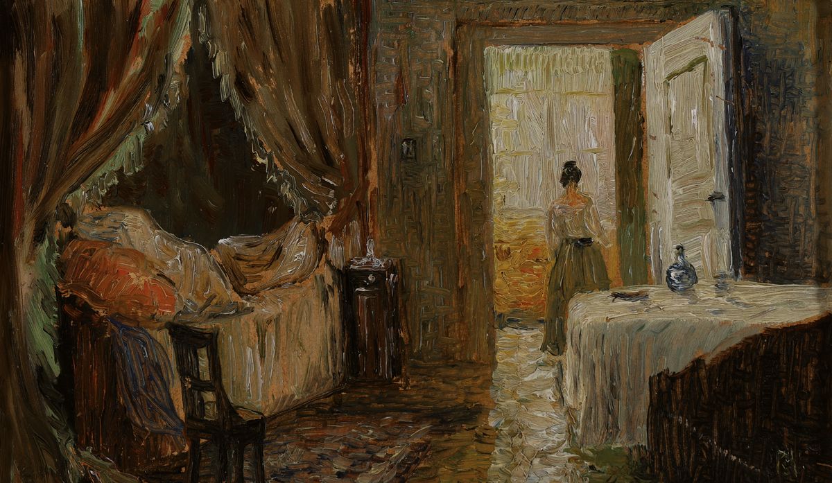 Zuschreibung: Maria Schrag, 1870 Borna-1957 Chemnitz, Interieur mit Himmelbett und Tisch, eine Dame verlässt den Raum und schreitet in ein Sonnen ...