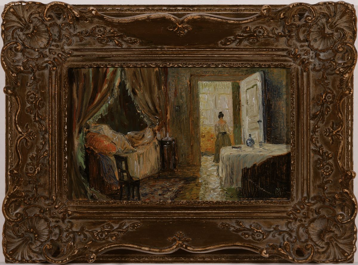 Detail k: Zuschreibung: Maria Schrag, 1870 Borna-1957 Chemnitz, Interieur mit Himmelbett und Tisch, eine Dame verlässt den Raum und schreitet in ein Sonnen ...