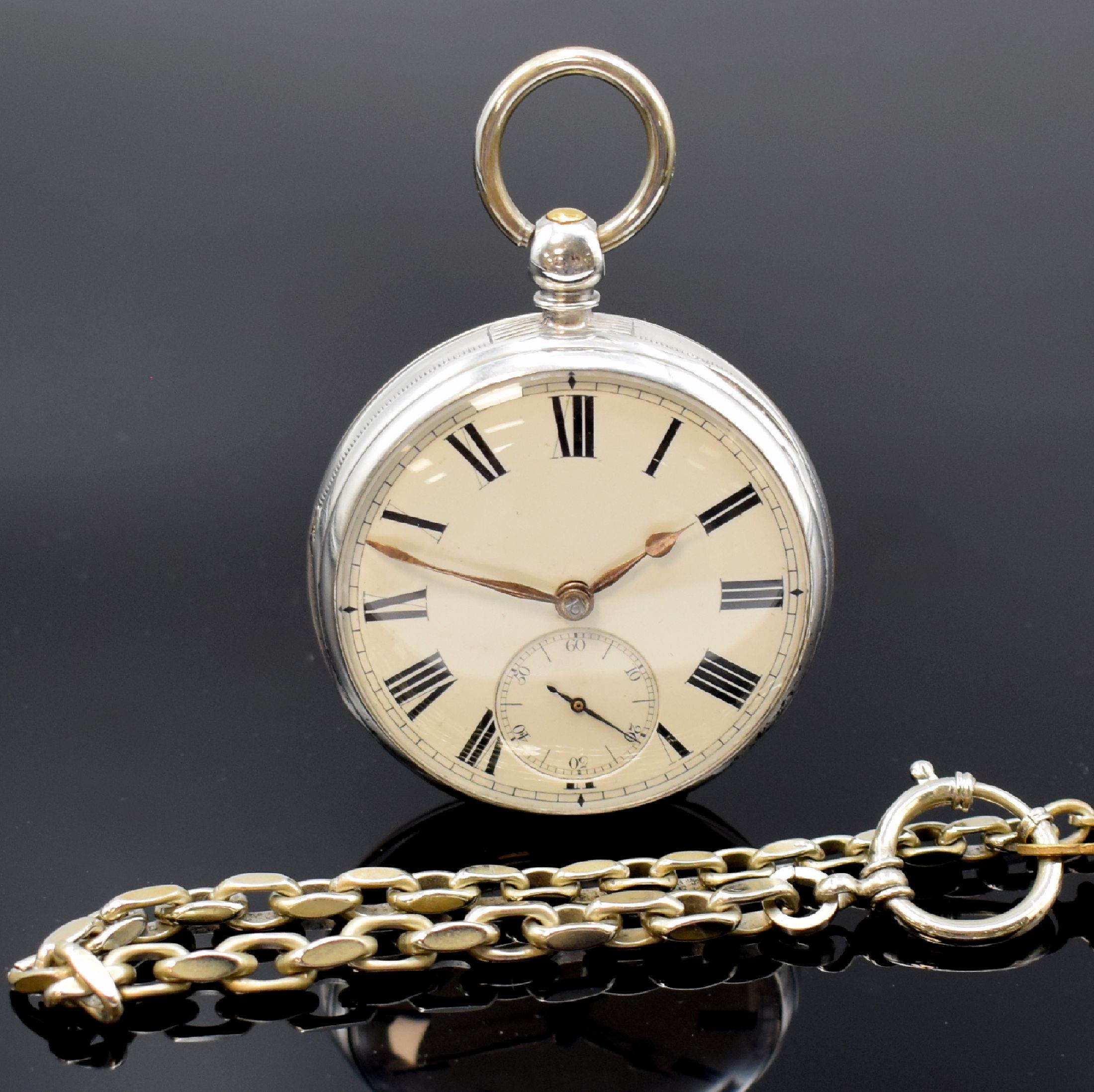 J.F.LEDMANN schwere offene Taschenuhr in Sterlingsilber, London Hallmark 1872, Schlüsselaufzug, glattes Geh. rep./dell., 2- tlg. Emailzifferbl., ...