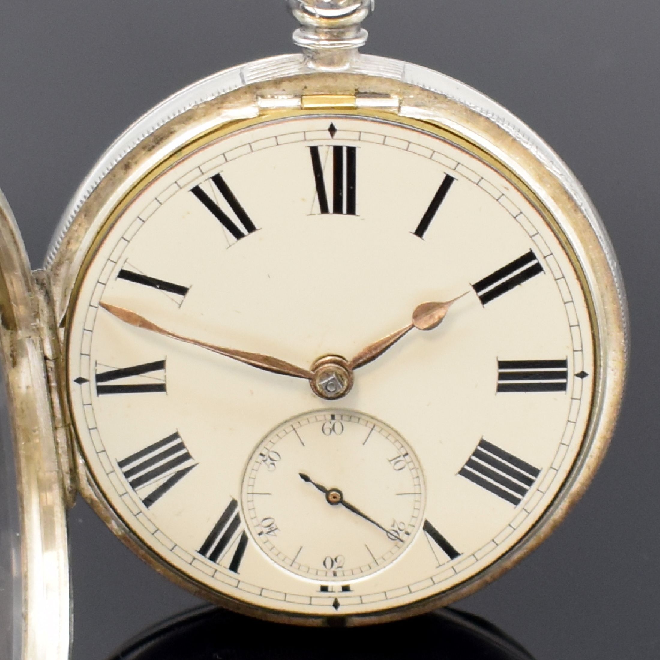 Detail a: J.F.LEDMANN schwere offene Taschenuhr in Sterlingsilber, London Hallmark 1872, Schlüsselaufzug, glattes Geh. rep./dell., 2- tlg. Emailzifferbl., ...