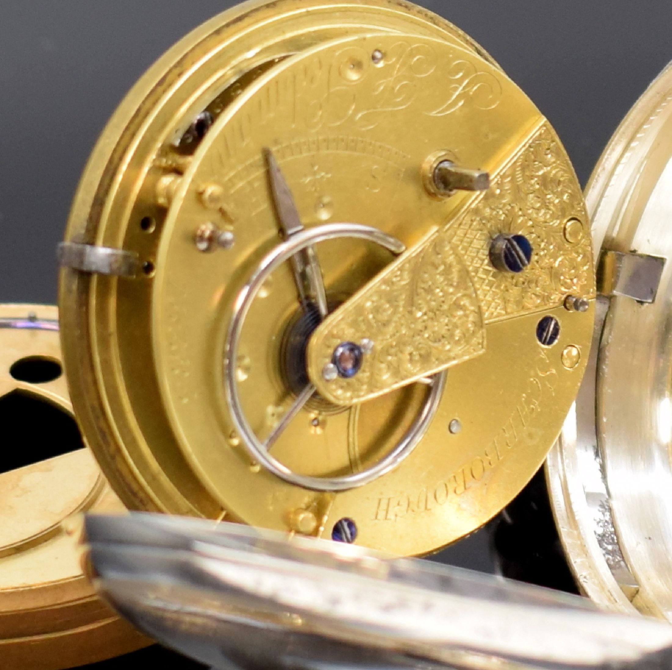 Detail c: J.F.LEDMANN schwere offene Taschenuhr in Sterlingsilber, London Hallmark 1872, Schlüsselaufzug, glattes Geh. rep./dell., 2- tlg. Emailzifferbl., ...