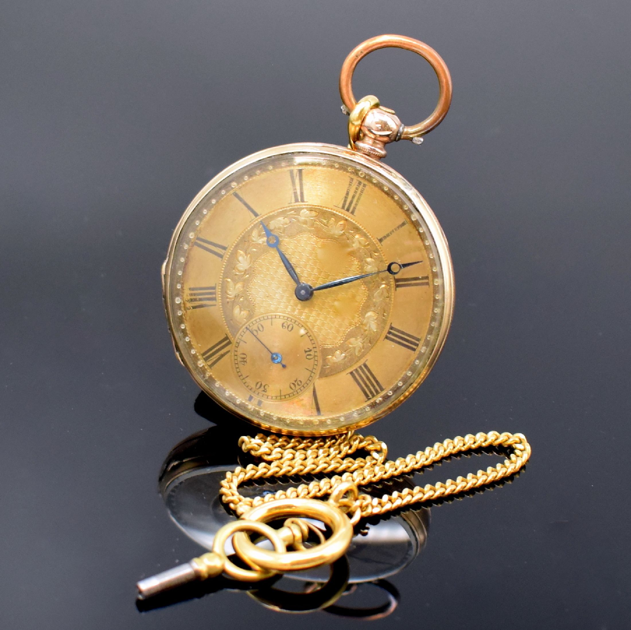 Offene Taschenuhr in RG 585/000, Schweiz um 1870, Schlüsselaufzug, guill. u. grav. Geh. dell., Metallcuvette, guill. Zifferbl. verg., gebl. Zeiger ...