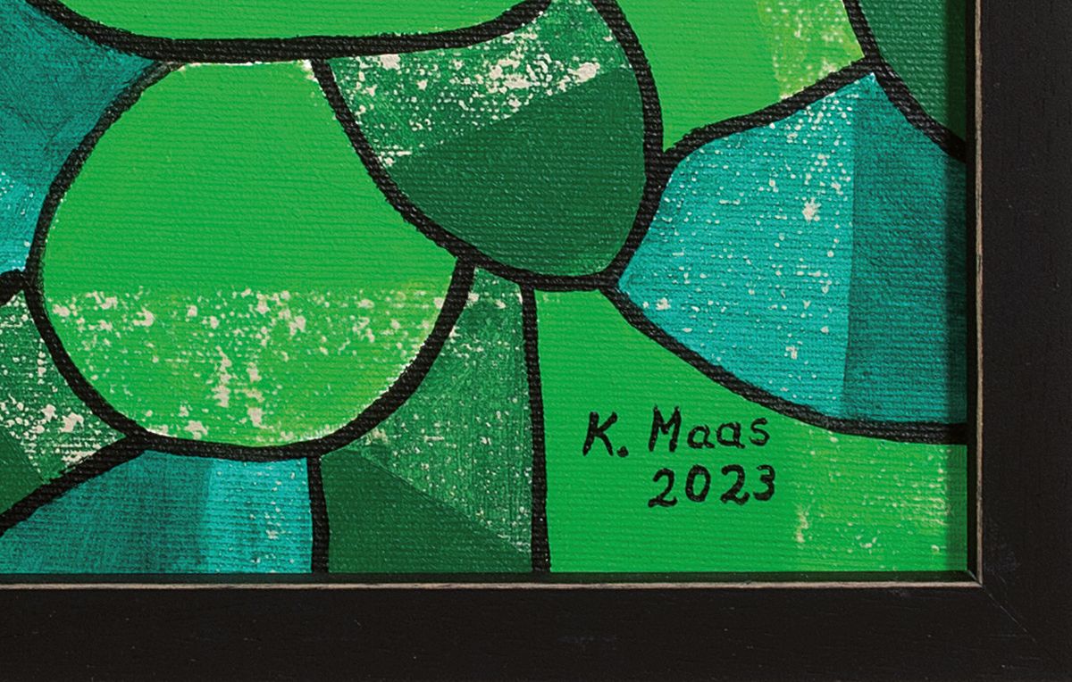 Detail e: Karin Maas, geb. 1952, Messen und Ausstellungen im In und Ausland, "Grün ist die Hoffnung", sign., Acryl/Lwd, ca. 80x80 cm
