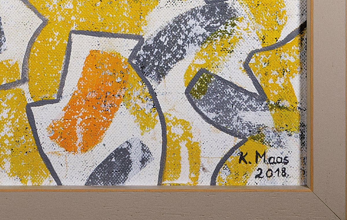 Detail c: Karin Maas, geb. 1952, Messen und Ausstellungen im In-und Ausland, Titel: "Formen im Blick", Acryl/Lwd, sign., ca. 80x80 cm