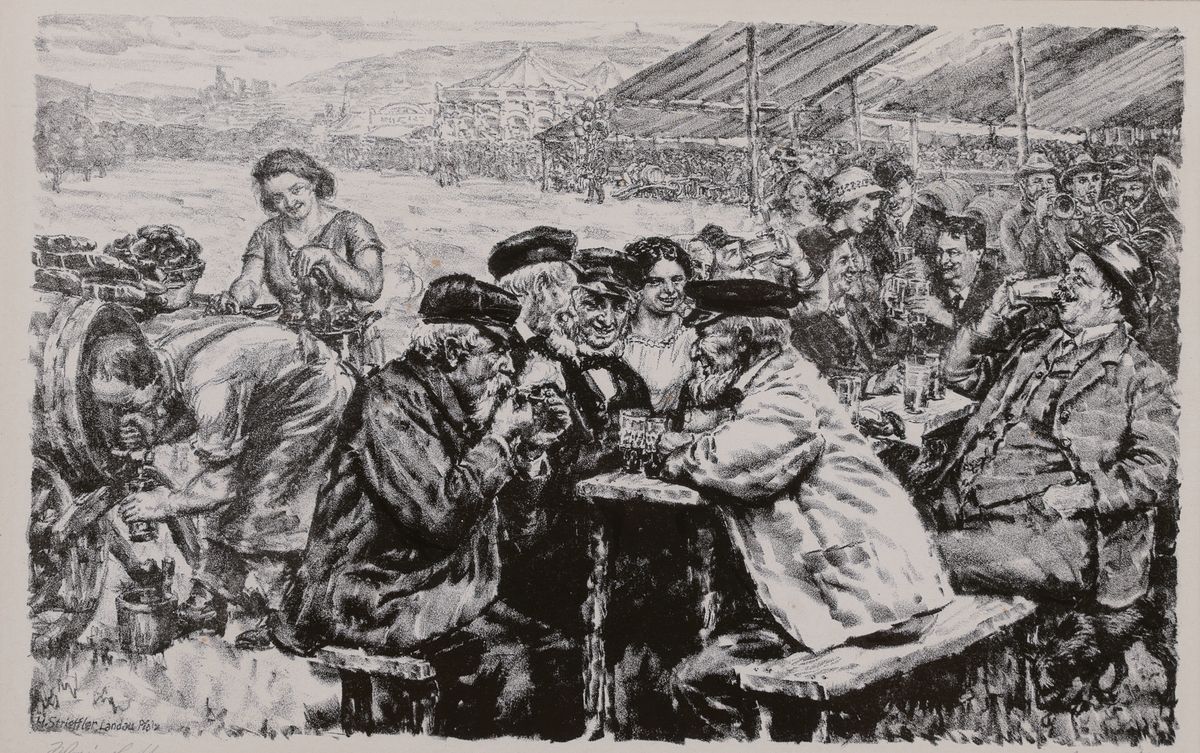 Detail a: Heinrich Strieffler, 1872 Neustadt-1949 Landau, 2 Lithographien: auf dem Wurstmarkt und Festumzug, je handsigniert, unter PP und Glas gerahmt, 40x50 ...