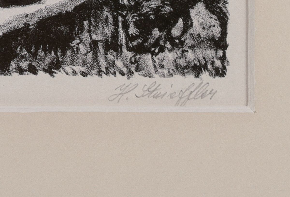 Detail c: Heinrich Strieffler, 1872 Neustadt-1949 Landau, 2 Lithographien: auf dem Wurstmarkt und Festumzug, je handsigniert, unter PP und Glas gerahmt, 40x50 ...