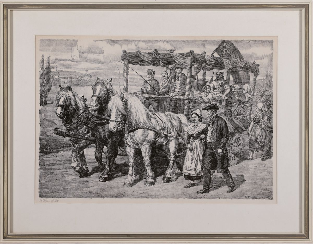 Detail k: Heinrich Strieffler, 1872 Neustadt-1949 Landau, 2 Lithographien: auf dem Wurstmarkt und Festumzug, je handsigniert, unter PP und Glas gerahmt, 40x50 ...