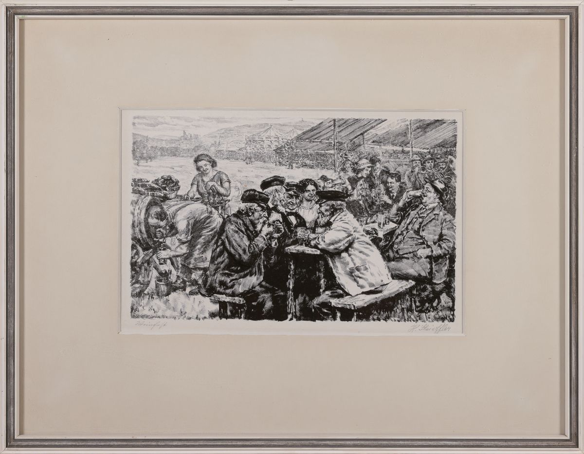 Detail l: Heinrich Strieffler, 1872 Neustadt-1949 Landau, 2 Lithographien: auf dem Wurstmarkt und Festumzug, je handsigniert, unter PP und Glas gerahmt, 40x50 ...