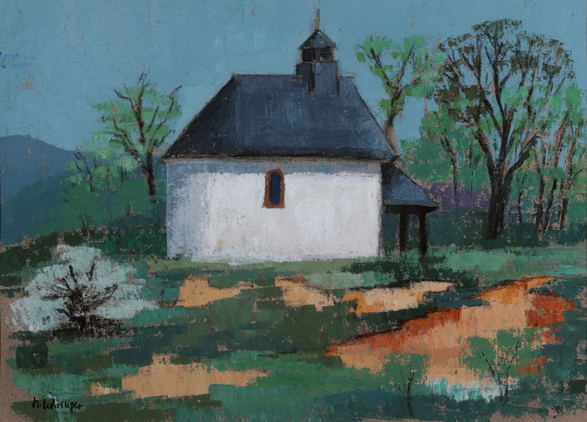 Helga Mehringer, zeitgenössische pfälzer Künstlerin, Gouache, Ansicht der Kapelle Kleine Kalmit bei Ilbesheim, signiert, unter PP und Glas ...