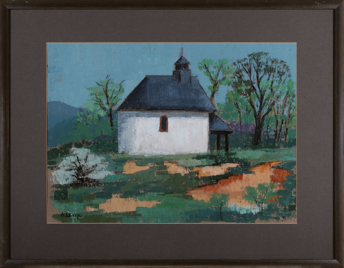 Detail k: Helga Mehringer, zeitgenössische pfälzer Künstlerin, Gouache, Ansicht der Kapelle Kleine Kalmit bei Ilbesheim, signiert, unter PP und Glas ...