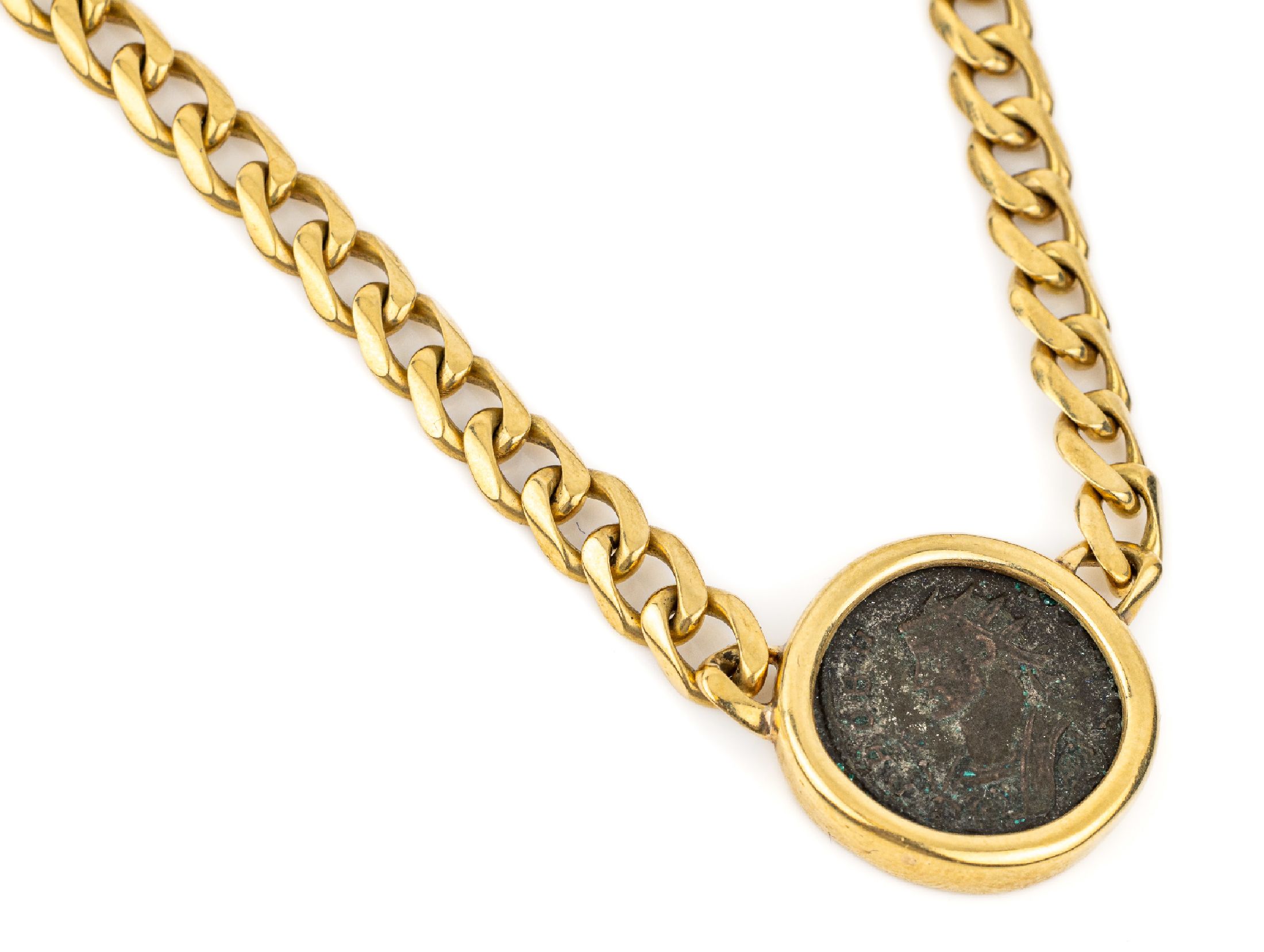 18 kt Gold Collier mit Antiker Münze, GG 750/000, Flachpanzerkette mit eingearbeiteter Bronze Münze nach antikem Vorbild, Umschrift: Impero romano ...