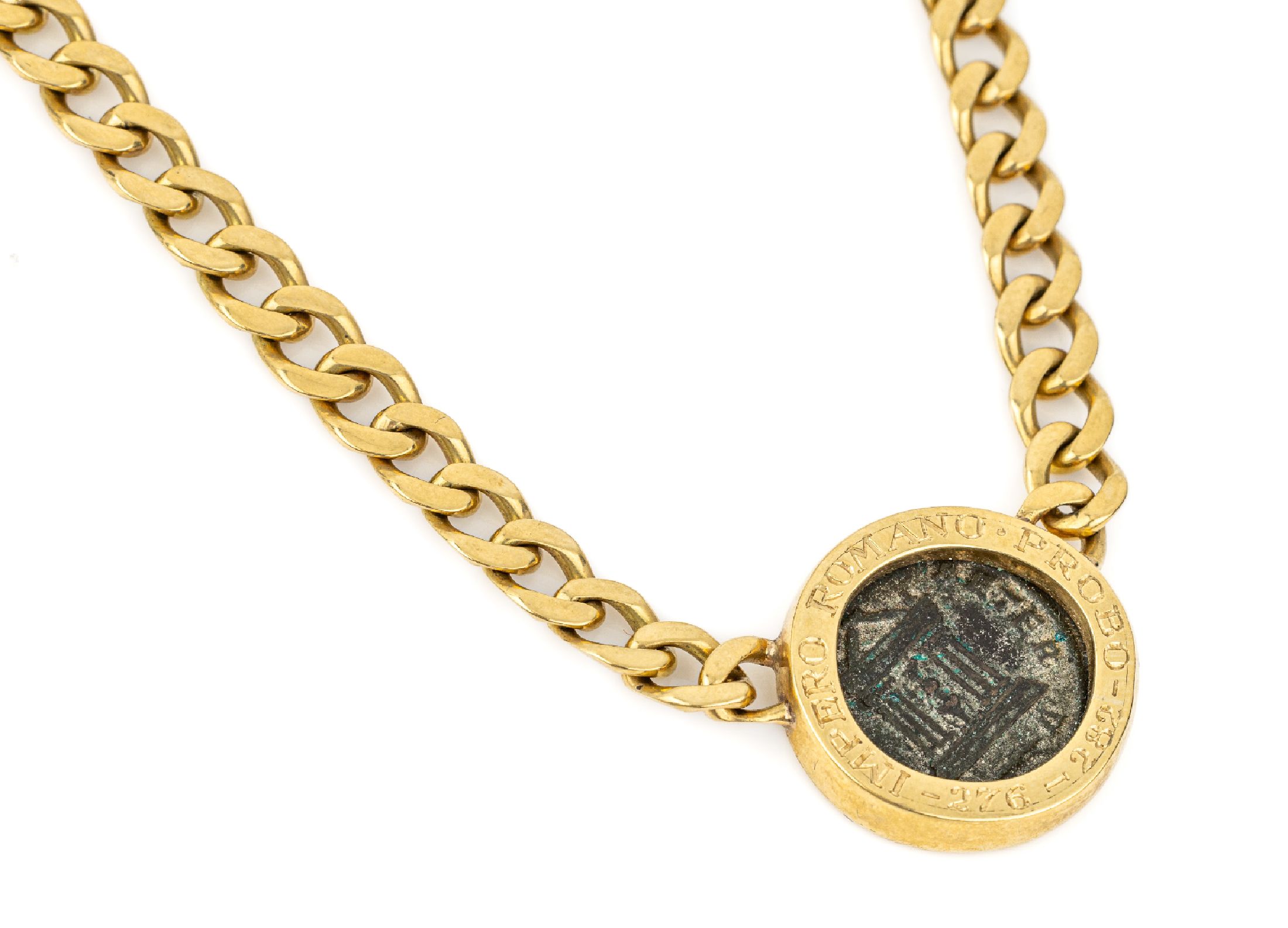 Detail a: 18 kt Gold Collier mit Antiker Münze, GG 750/000, Flachpanzerkette mit eingearbeiteter Bronze Münze nach antikem Vorbild, Umschrift: Impero romano ...