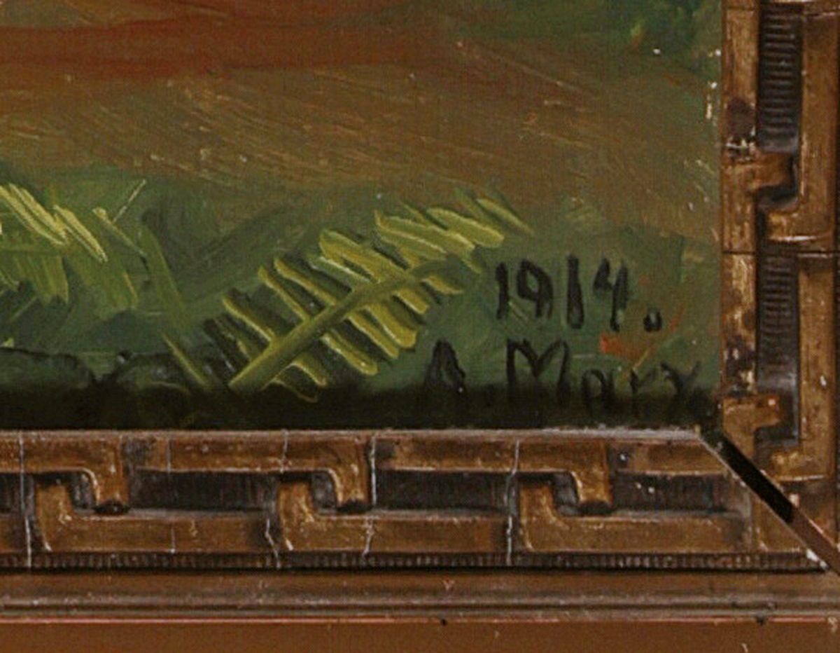 Detail a: Alphonse Marx, französischer Maler der Jahrhundertwende, Landschaft, Blick in eine Tal mit weidenden Schafen, signiert und datiert 1914, Öl/Platte, ...