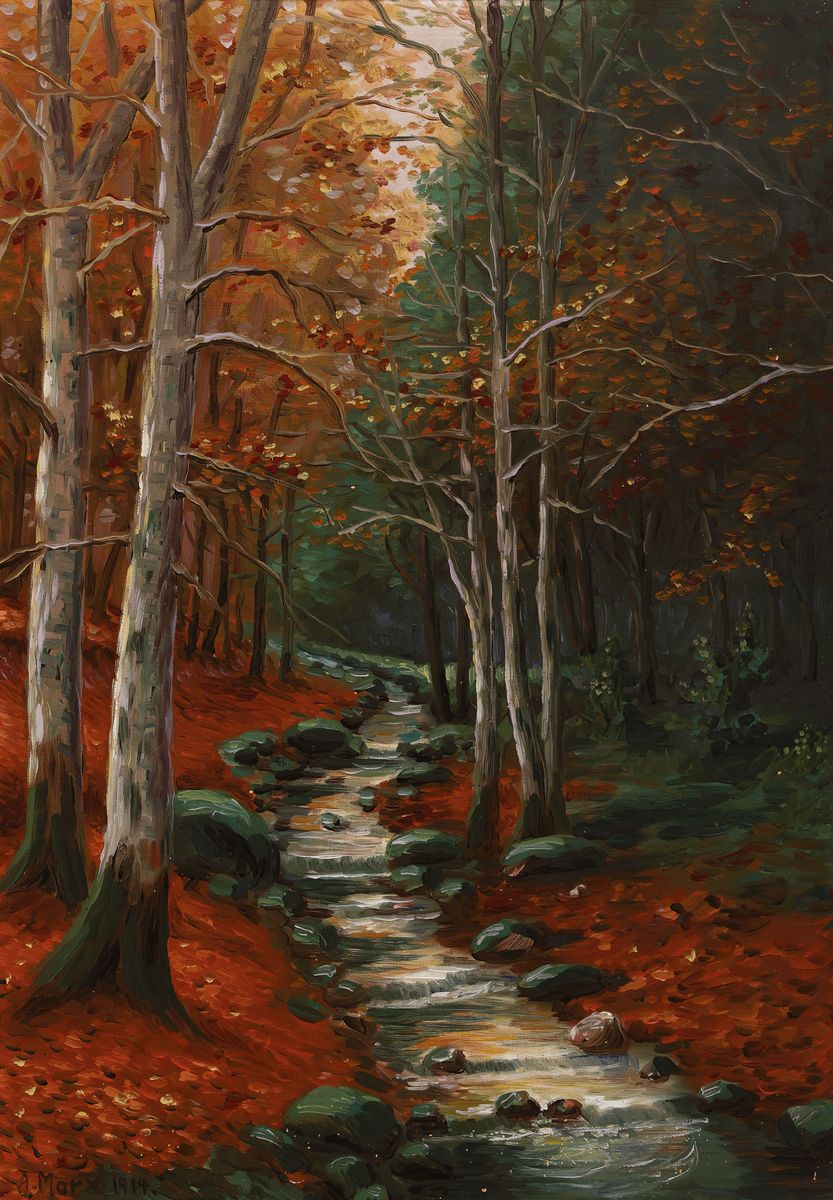 Alphonse Marx, französischer Künstler der Jahrhundertwende, Herbstwald mit Flusslauf, signiert und datiert 1914, Öl/Platte, 72x50 cm Rahmen best., ...