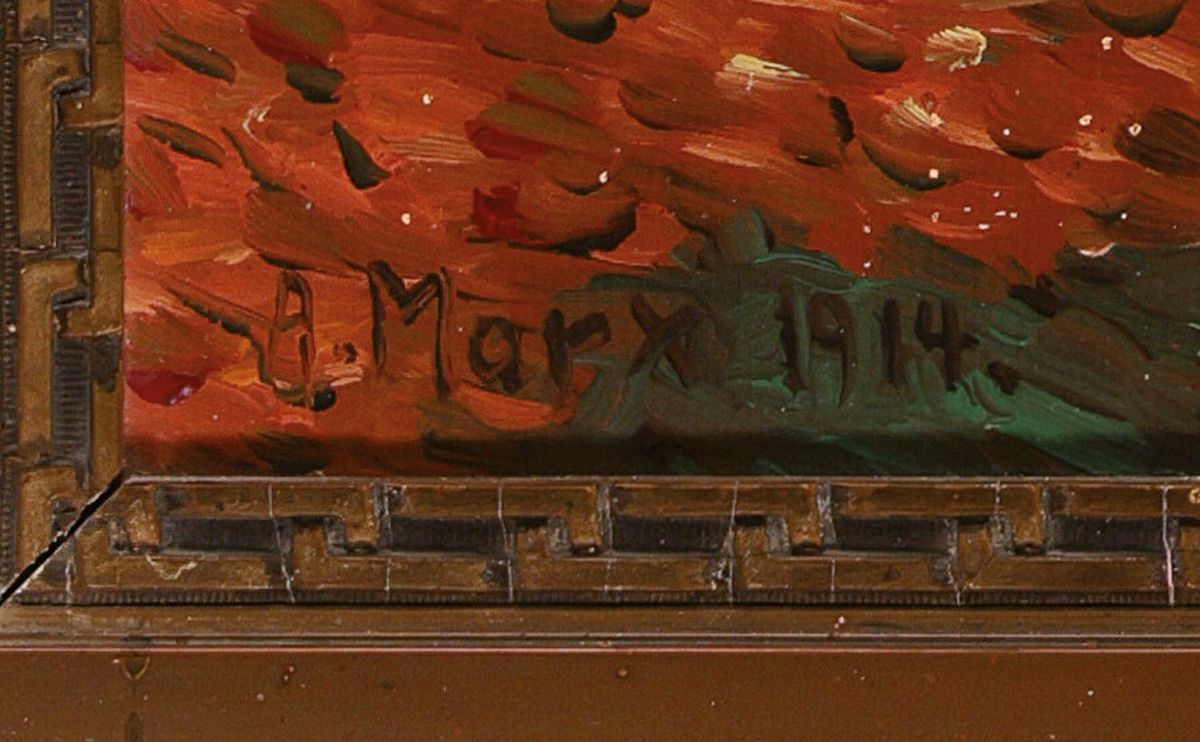 Detail a: Alphonse Marx, französischer Künstler der Jahrhundertwende, Herbstwald mit Flusslauf, signiert und datiert 1914, Öl/Platte, 72x50 cm Rahmen best., ...