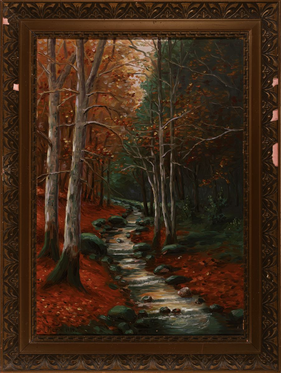 Detail k: Alphonse Marx, französischer Künstler der Jahrhundertwende, Herbstwald mit Flusslauf, signiert und datiert 1914, Öl/Platte, 72x50 cm Rahmen best., ...