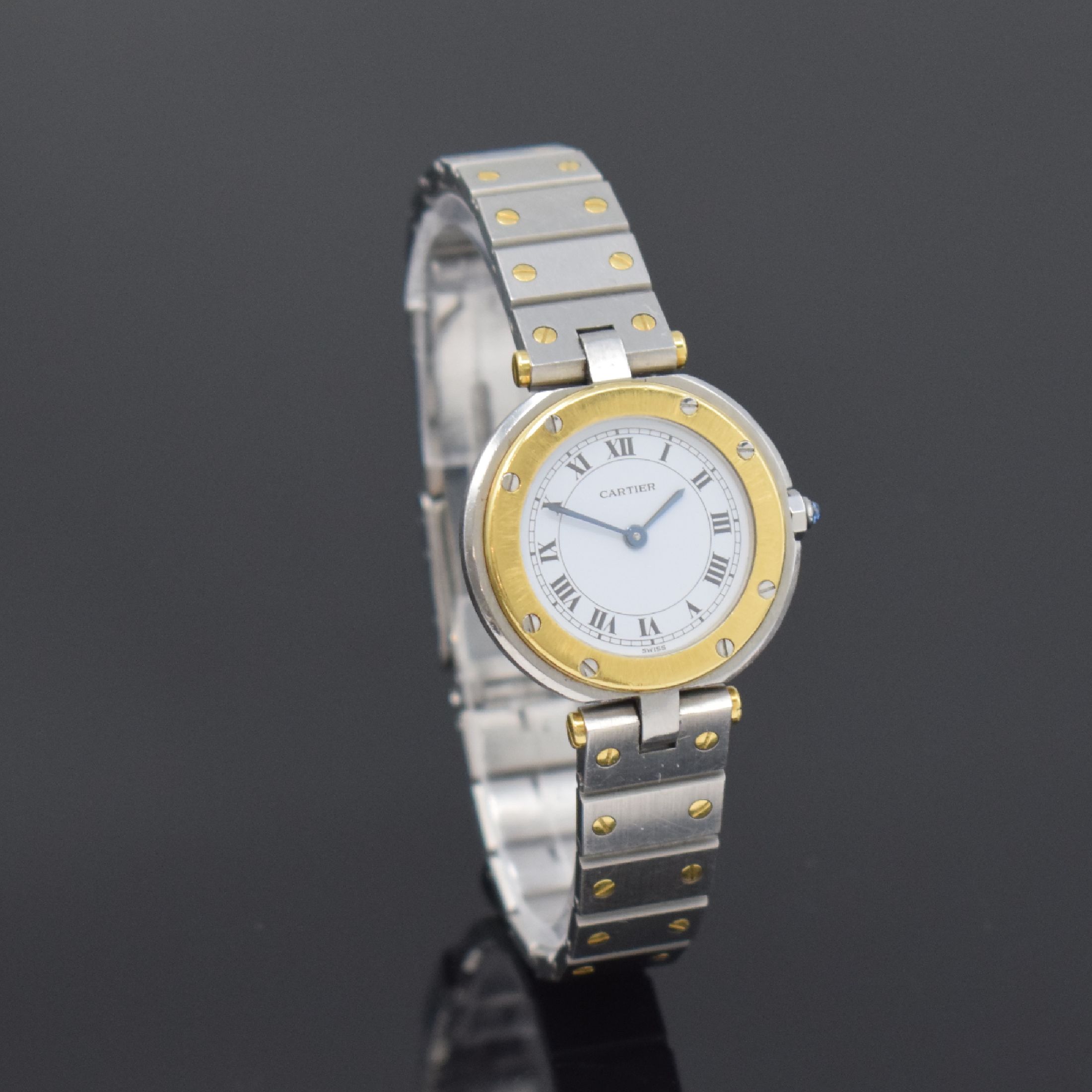 Detail b: CARTIER Damenarmbanduhr Santos Vendome, Schweiz um 1990, quarz, Edelstahl/Gold komb. inkl. Gliederband m. Faltschl., Boden 8-fach verschr., ...