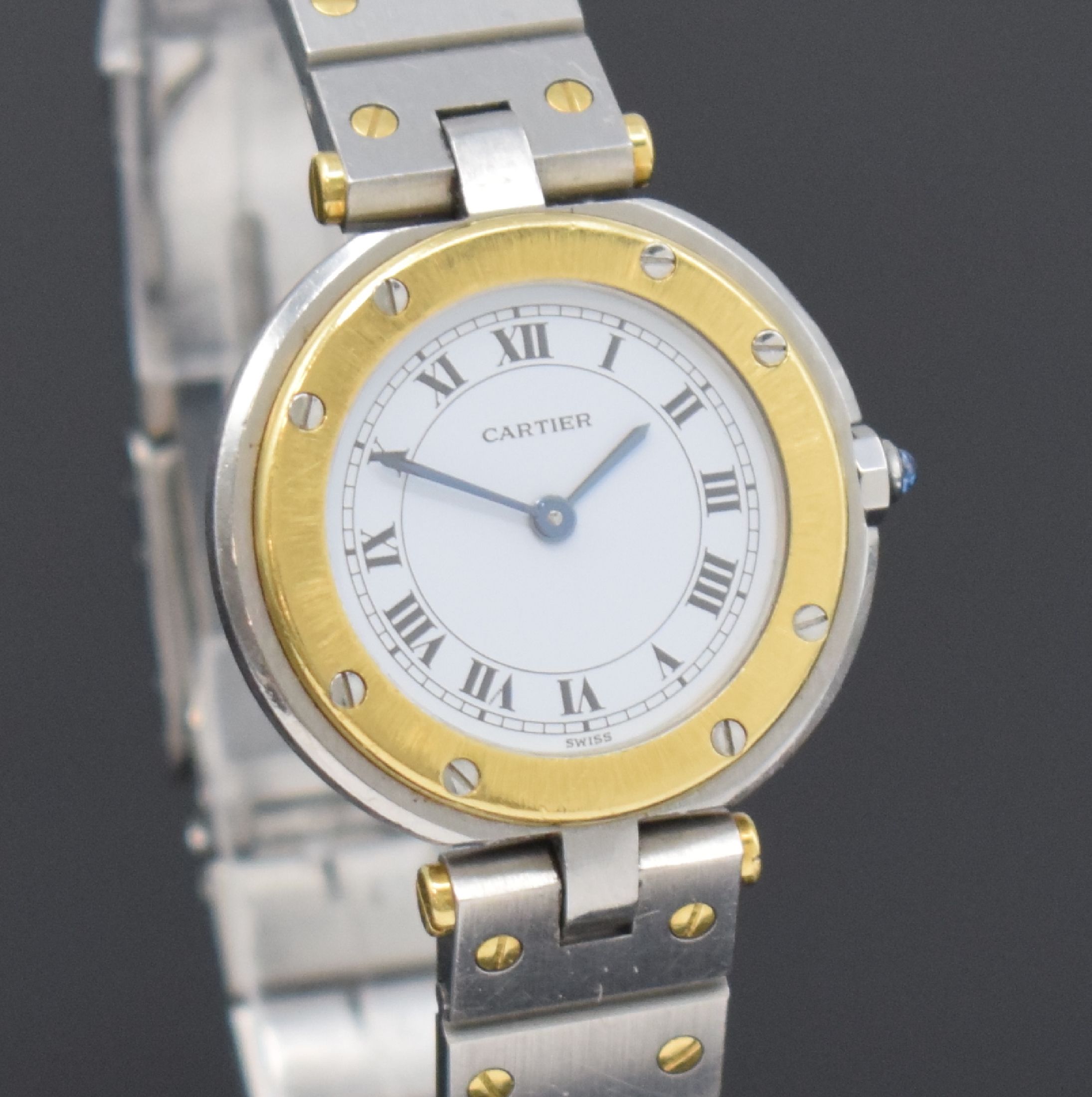 Detail c: CARTIER Damenarmbanduhr Santos Vendome, Schweiz um 1990, quarz, Edelstahl/Gold komb. inkl. Gliederband m. Faltschl., Boden 8-fach verschr., ...