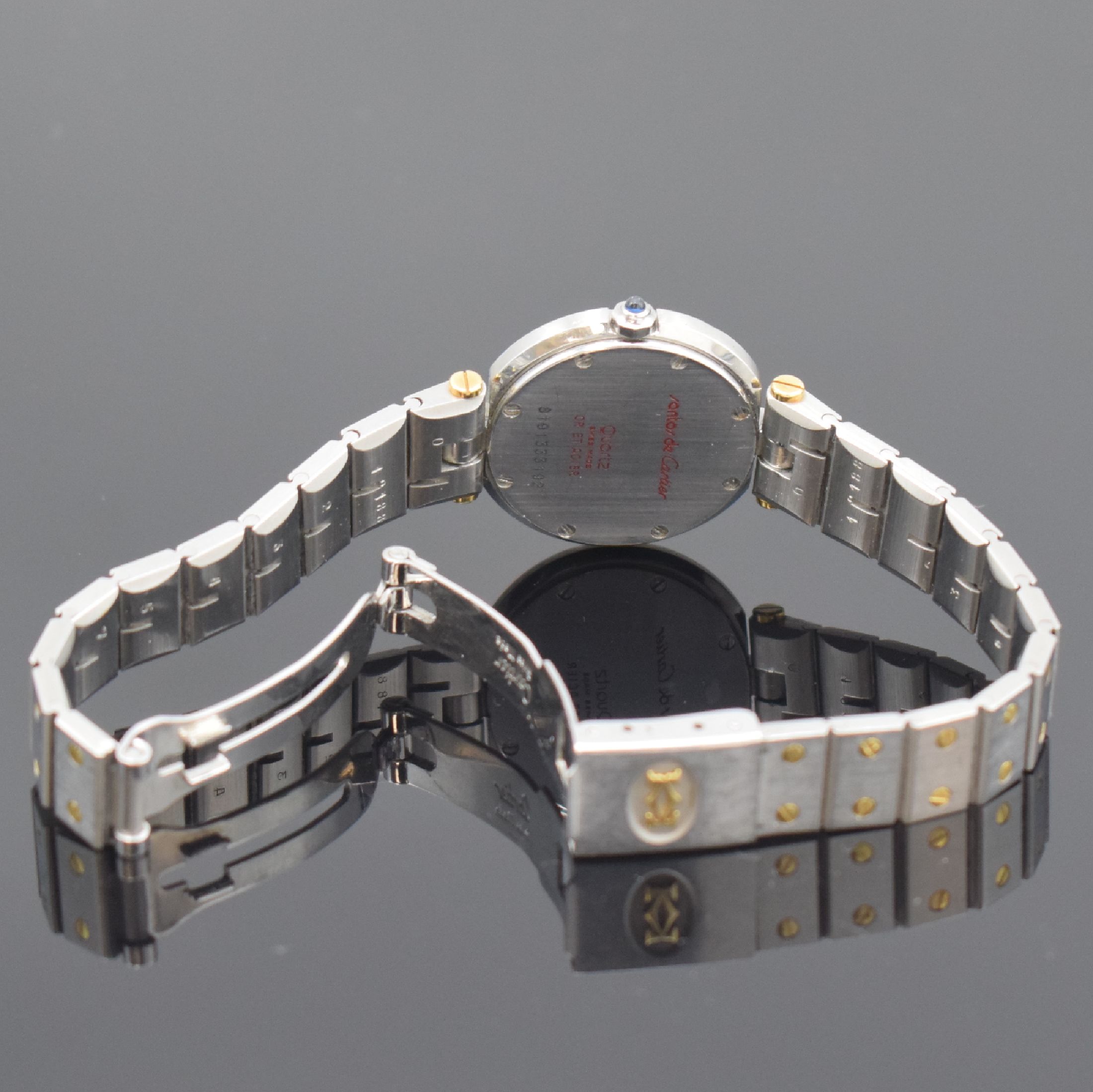 Detail d: CARTIER Damenarmbanduhr Santos Vendome, Schweiz um 1990, quarz, Edelstahl/Gold komb. inkl. Gliederband m. Faltschl., Boden 8-fach verschr., ...