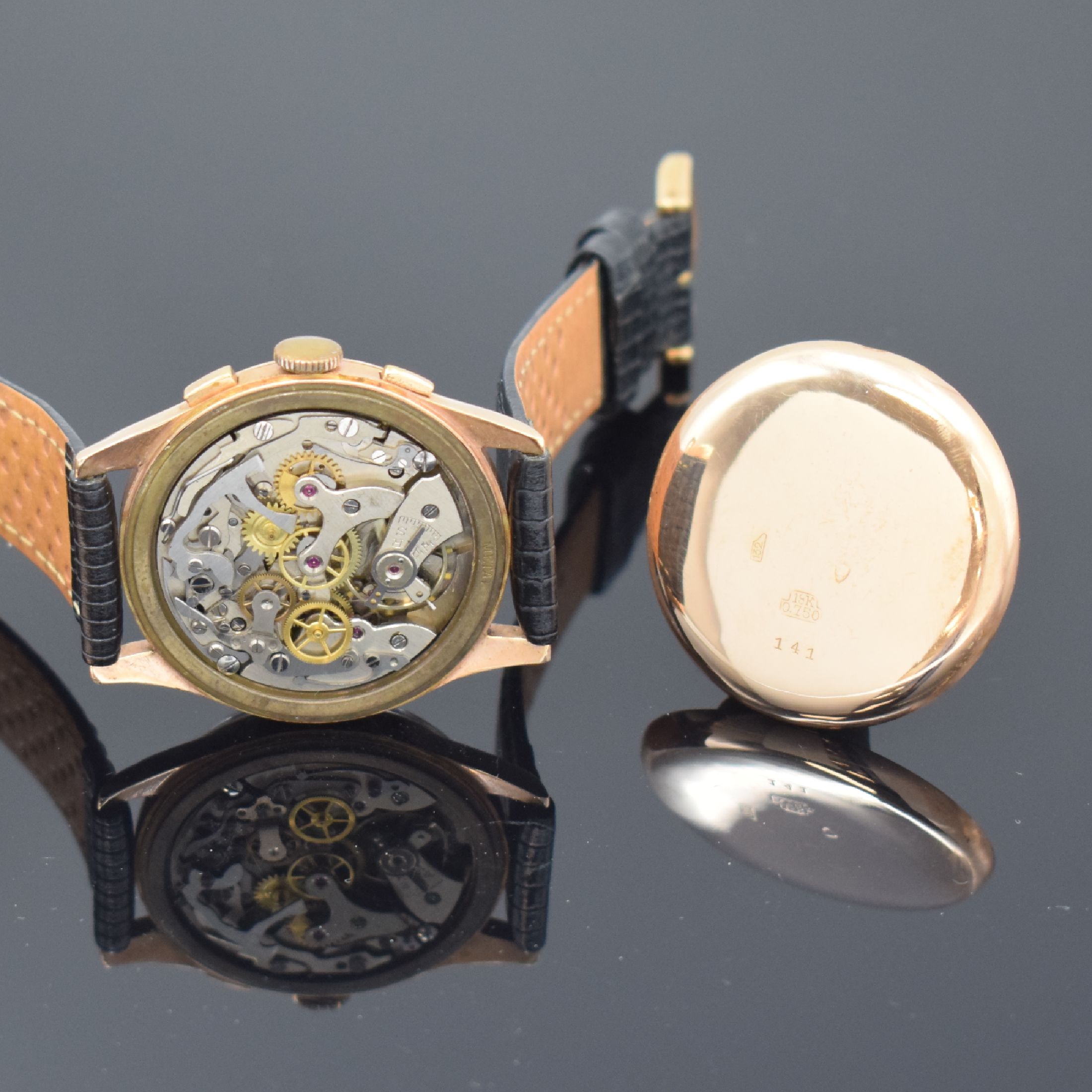Detail e: ITA / CHRONOGRAPHE SUISSE Herrenarmbanduhr mit Chronograph in RG 750/000, Schweiz um 1950, Handaufzug, Boden und Glasrand aufgedr., schwarzes. ...